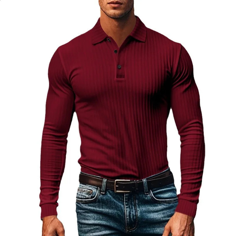 Casual Mens Polo Shirt Solid Color Button Long Sleeve Tshirts Business Tee Fashion Clothing Stretch Breathable 250311
