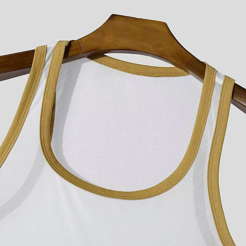 Summer Mens Vest Fitness Tight Mesh Perspective Sexy Lightweight Tank Top Splicing Color Transparent Vest For Male Tees 250324