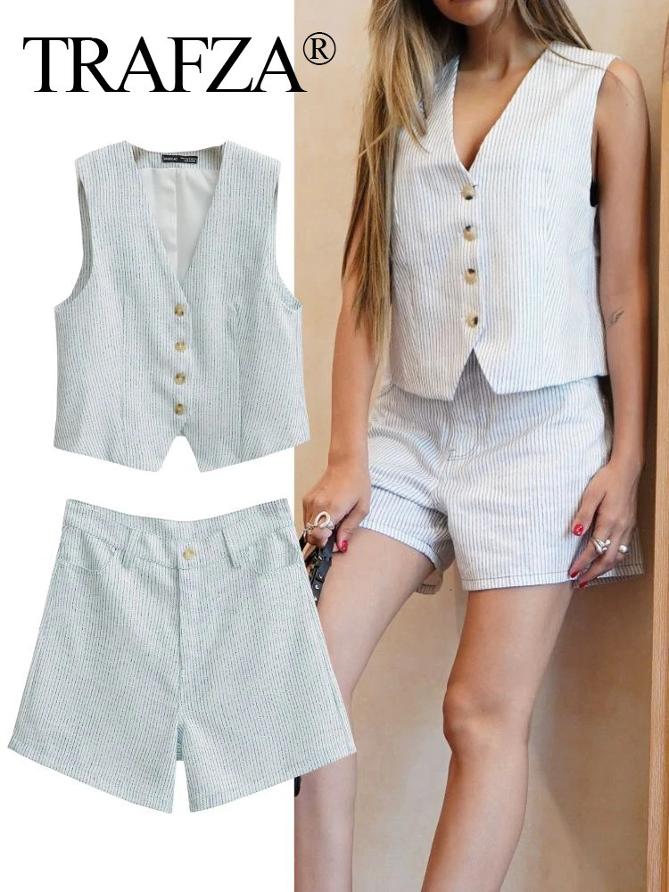 TRAFZA Womens Casual Striped Tank Top Short 2024 Elegant Vneck Single Chest Pocket TopHigh Waist Weight Loss Street Set 250322