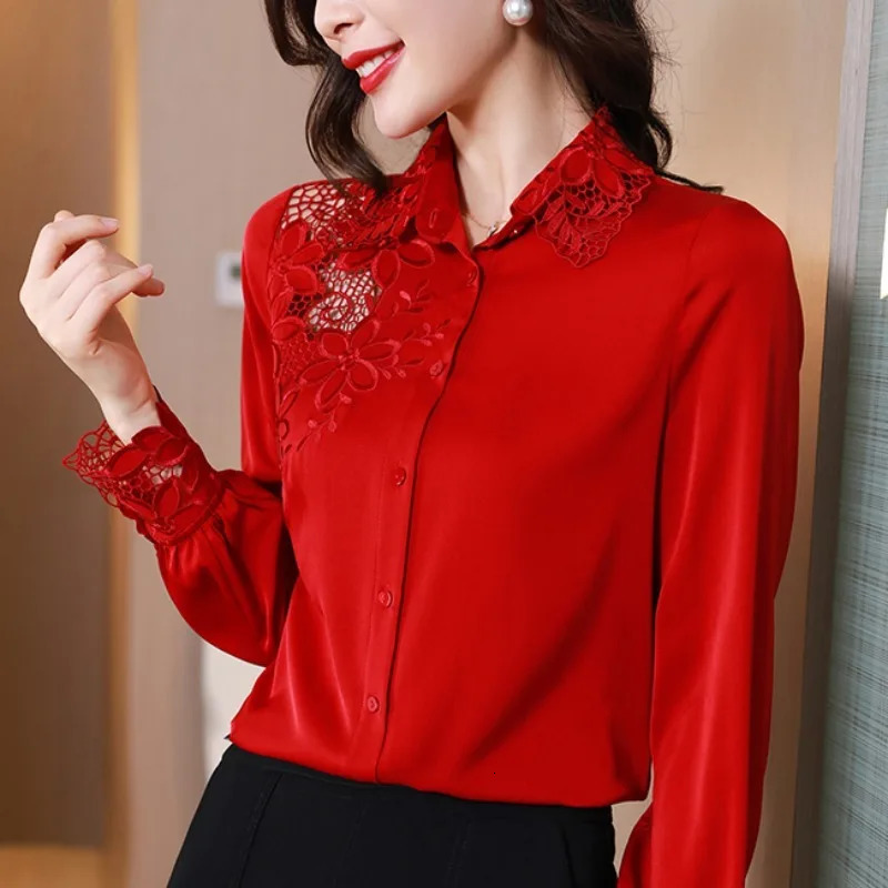 Wxw2559 Spring/Summer Satin Womens Casual Set Black Red Blue Office Shirt Womens Long Sleeve Elegant Embroidered Hollow 250318