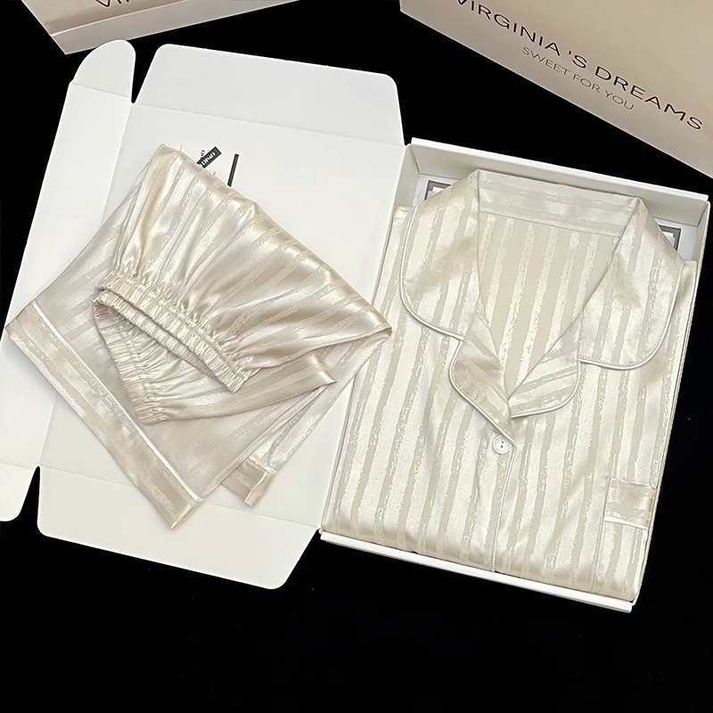 Stripe Minimalism and Fashion Instagram Style Womens Summer Short sleeved Pajama Set Thin Home Clothing Ice Silk 250321