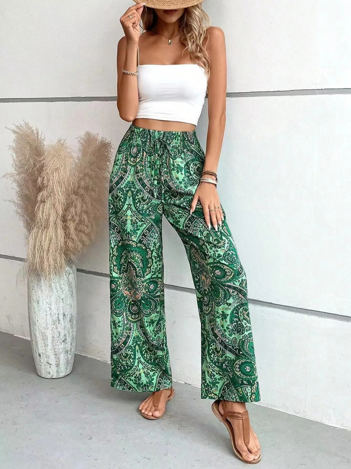 Fashionable retro printed wide leg pants for womens casual high waisted Trouser 2024 springsummer office clothing 250324