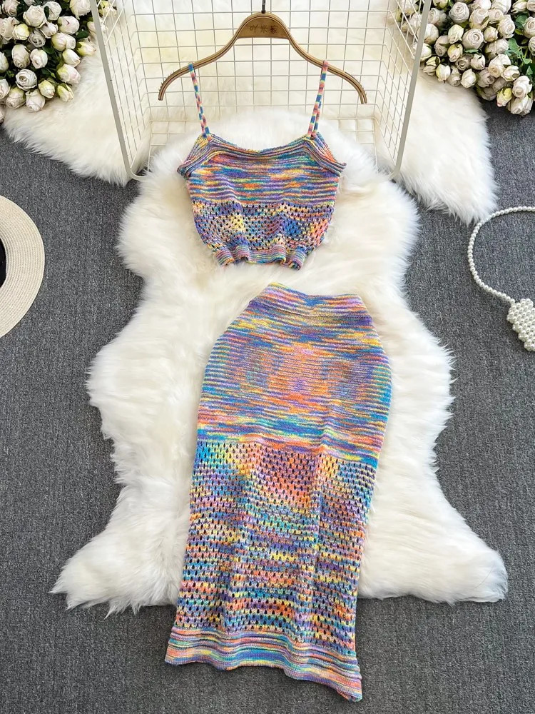 Vintage Beach Holiday Knitted Skirts Suit Summer Fashion Strap Crop Tops Bodycon Saya 2 Pieces Set Women Outfits Female Clothes 250324