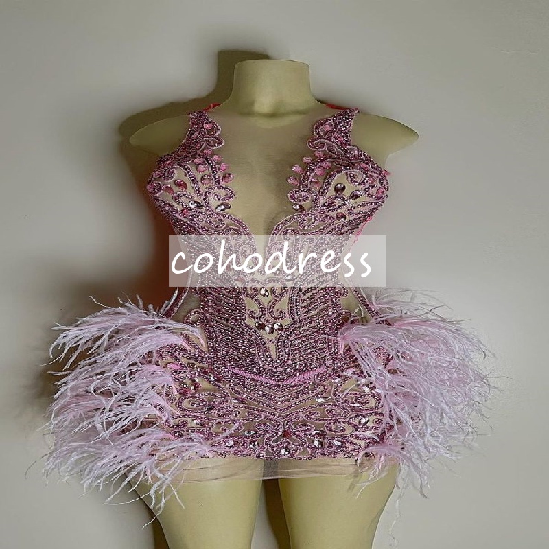 Ornate Gold Prom Dress For Black Girls Luxury Crystal Mini Short Cocktail Dress Feather Birthday Party Evening Wear Bespoke Occasion Formal Dress 2025