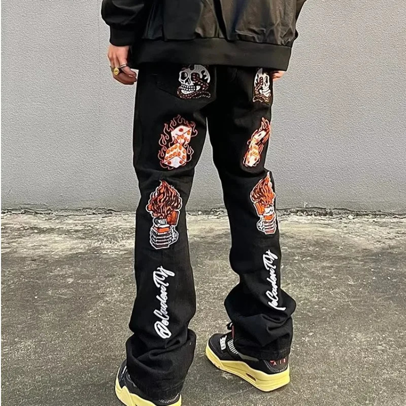 Y2K mens jeans fashionable skull y patch denim Trouser spring and summer fashion ultrathin elastic street clothing 250320