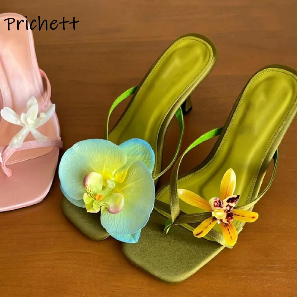 Moth Orchid Flip Flops Slippers Satin Asymmetric Square Toe Slip On Thin Heels Sandals Womens Lovey Elegant Outdoor Dress Shoes 250322