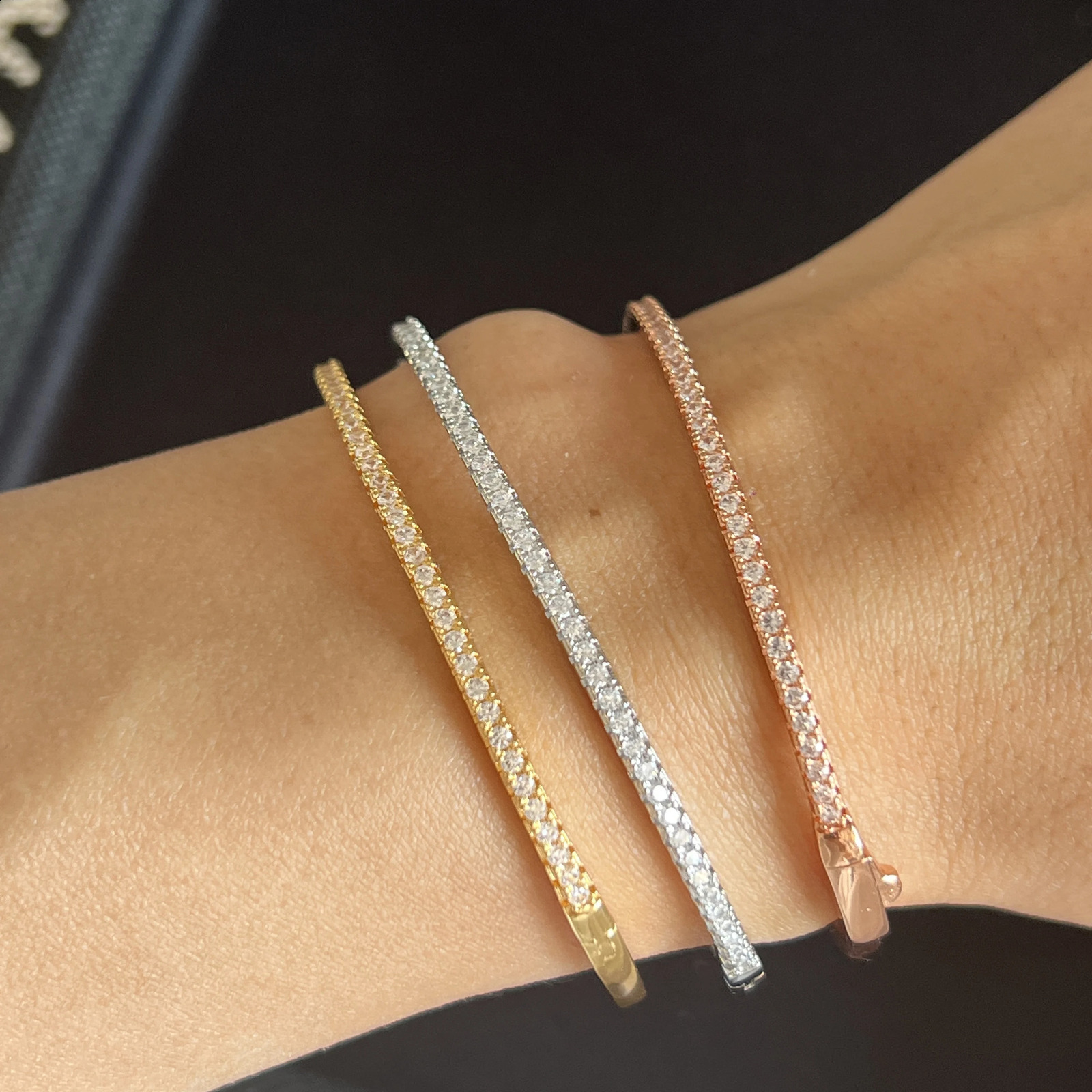 Pure 925 Sterling Silver Full Diamond Bracelet Classic n Party Jewelry Friendship Bracelet Silver Bangle Rose Gold 17CM 260626 - view 1