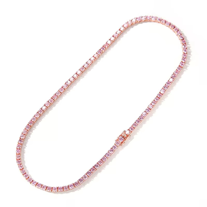 Moissanite necklace 4mm Custom Color pink Cute Young Style Durable Cuban Chain Chocker Necklace rainbow Colorful Zircon Pave Tennis Chain
