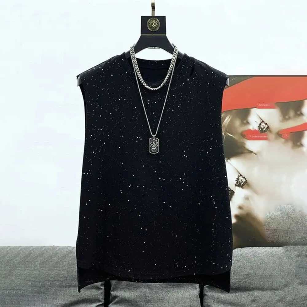 Mens vest starry sky hole retro vest summer casual sports gym fashionable Korean round neck top mens clothing 2024 unisex X250324