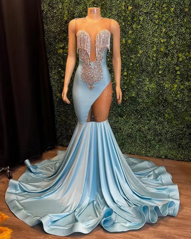 Customized Sexy O Neck Tassel Mermaid Prom 2025 Beaded Applique Black Girls Evening Party Dresses