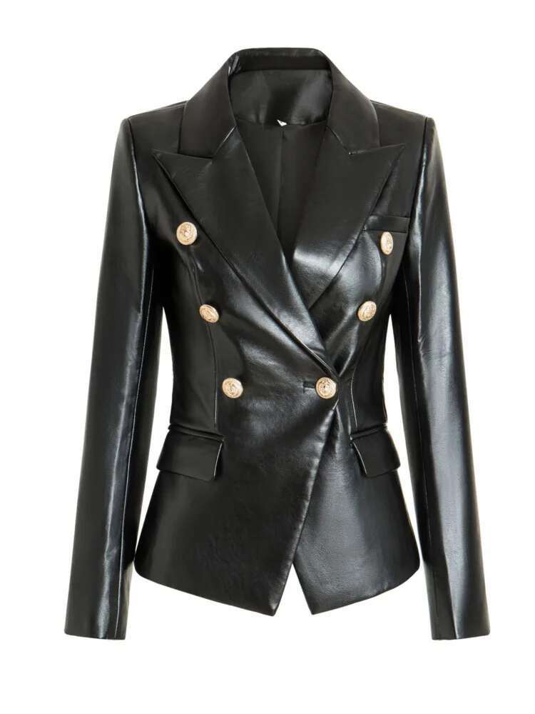 Autumn New High-Quality PU Leather Metal Buckle Pocket Slimming Temperament Suit Jacket Female Solid Color Fashion