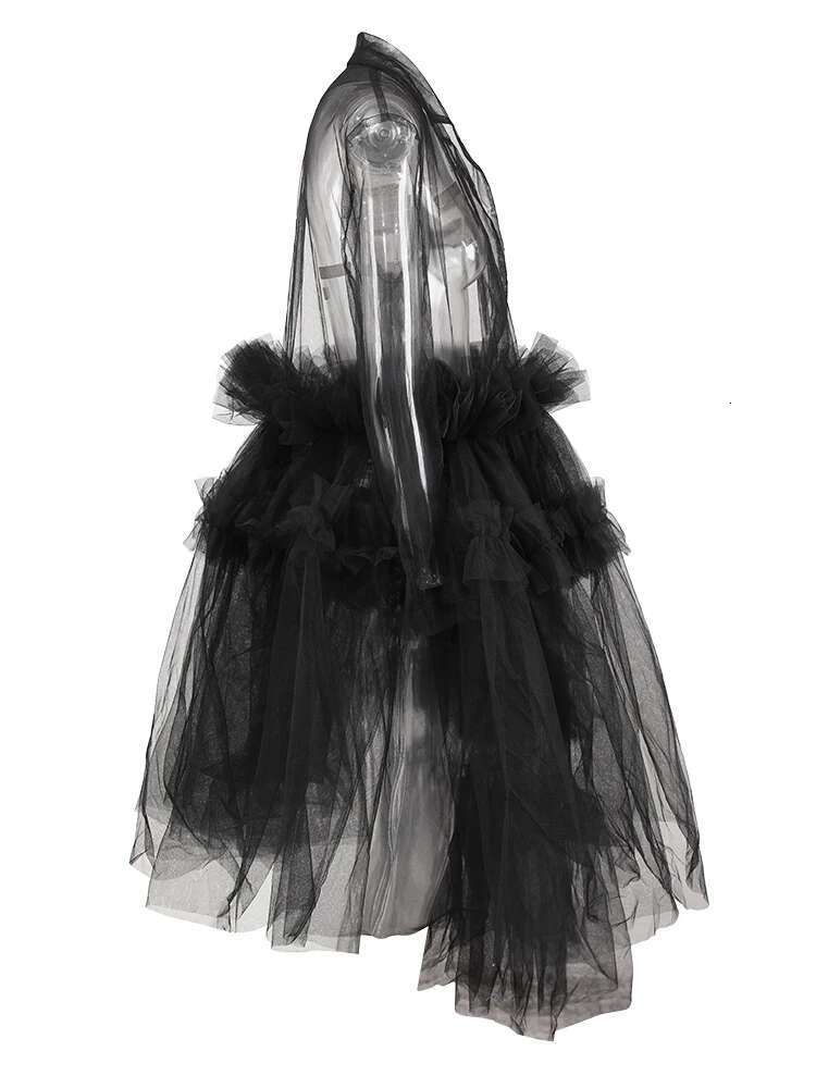 Women Black Mesh Ruffles Perspective Blazer New Lapel Long Sleeve Jacket Fashion Tide Spring Summer 2025 Cpdb110