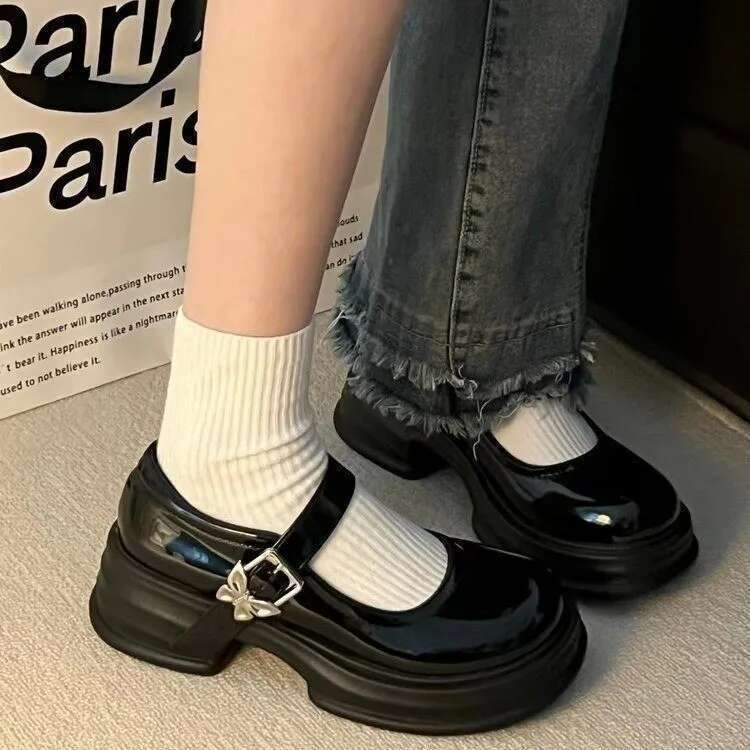 Shoes Woman All-Match Modis British Style Black Flats Oxfords New Cute Preppy Leather Retro PU Mary Janes Rubber Buckle Str