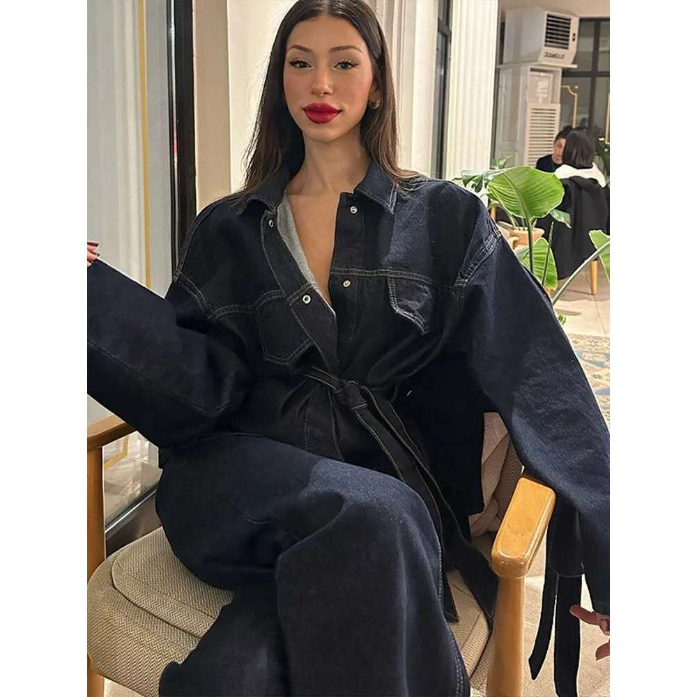 2025 Spring Women's Two Pieces Set With Trousers Loose Lace Up Pockets Coat High Waist Pants Chic Denim Ladies Suit Commuting