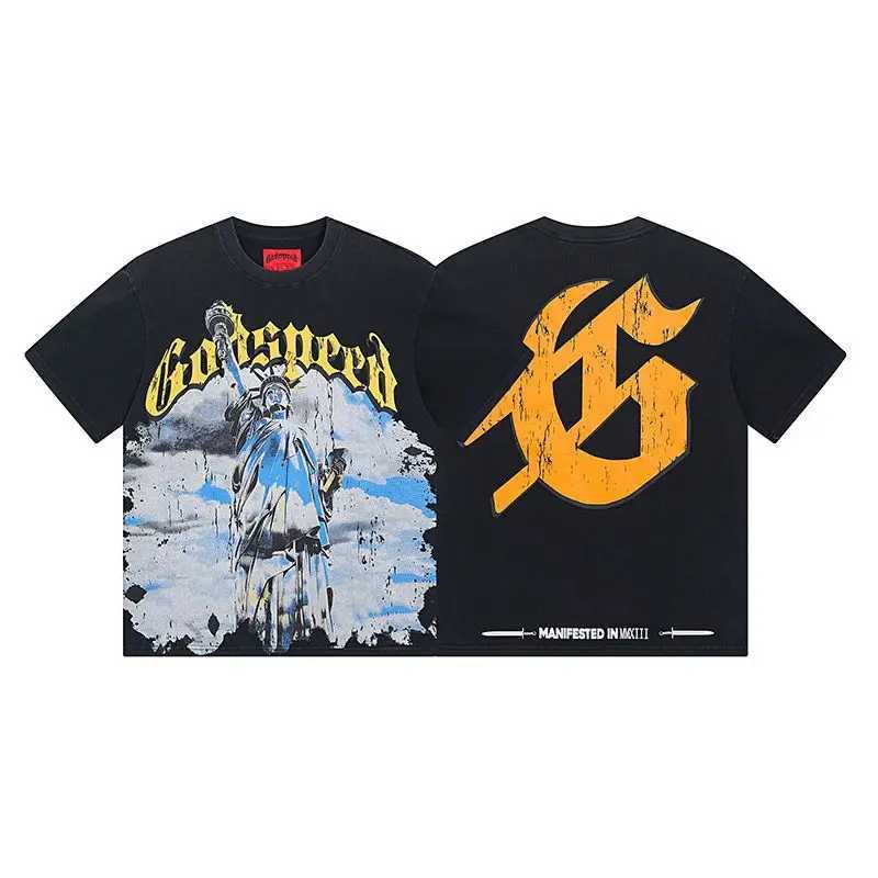 2025 New America Godspd Washed Old Strt Rock Loose Casual Short Sleeve Cotton T-shirt Mens Retro High Quality Trend X250324