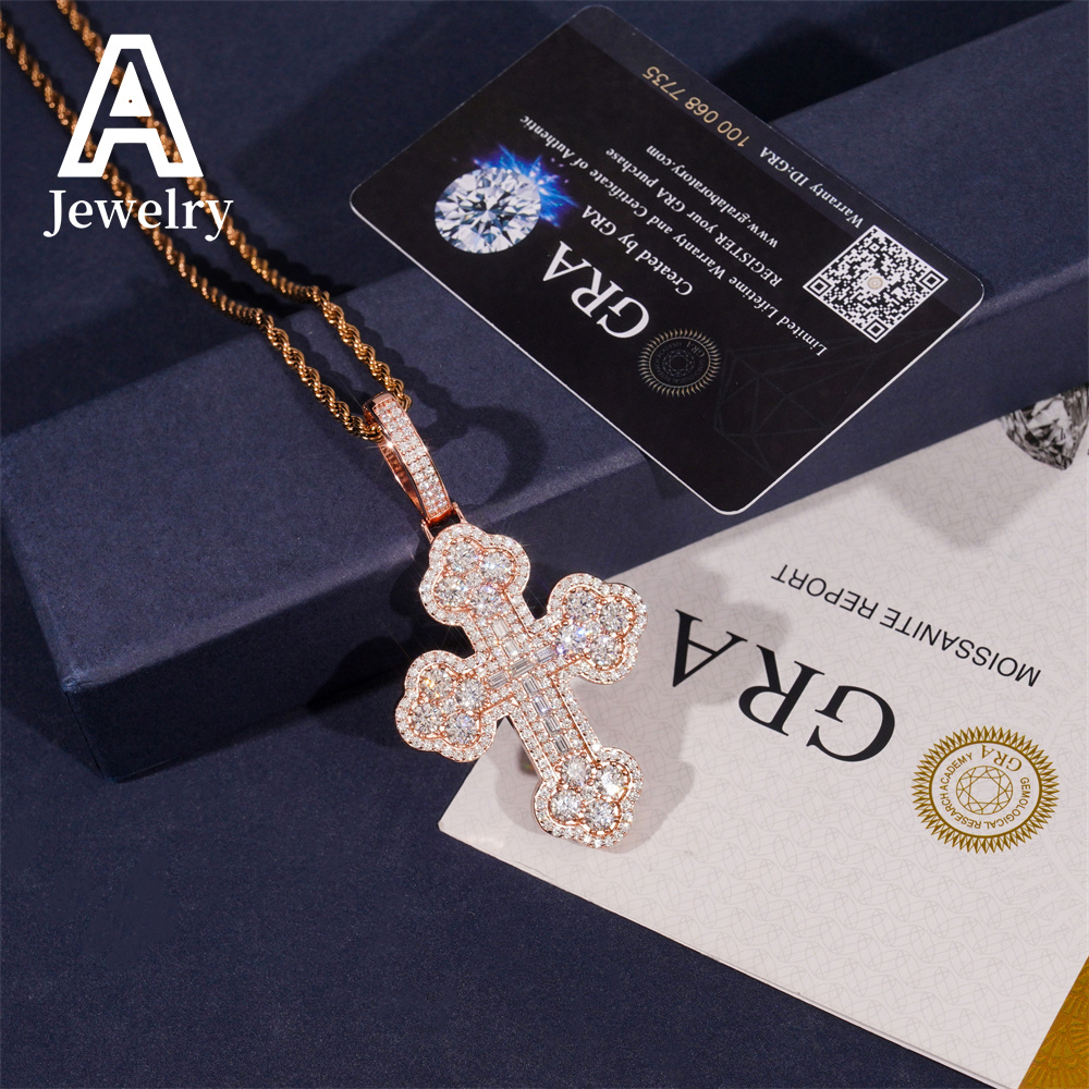 Hip Hop iced out Cross Pendant 925 Silver Baguette VVS Moissanite Cross Charm Pendants