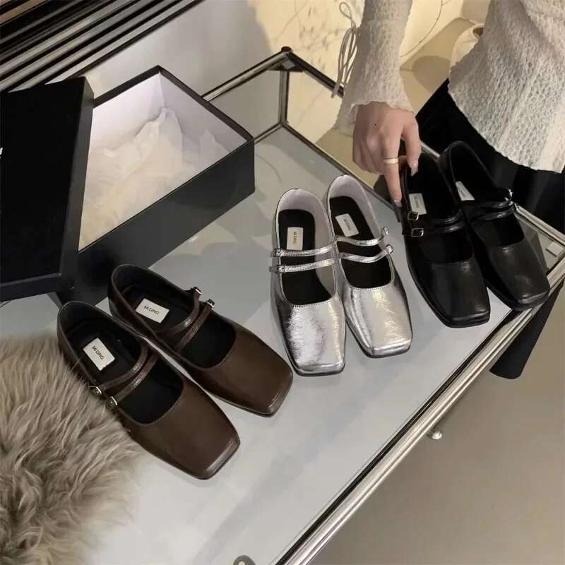 for Women 2025 Fashion One-word Buckle Women's Flats Spring Square Toe Solid Shallow Mouth Dress Daily Mary Jane Shoes
