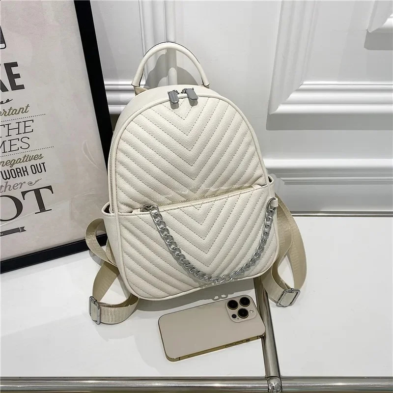 Fashion V-striped PU leather small backpack for women anti-theft travel backpack fashion chain for school bag for women elegant Knapsack 250318