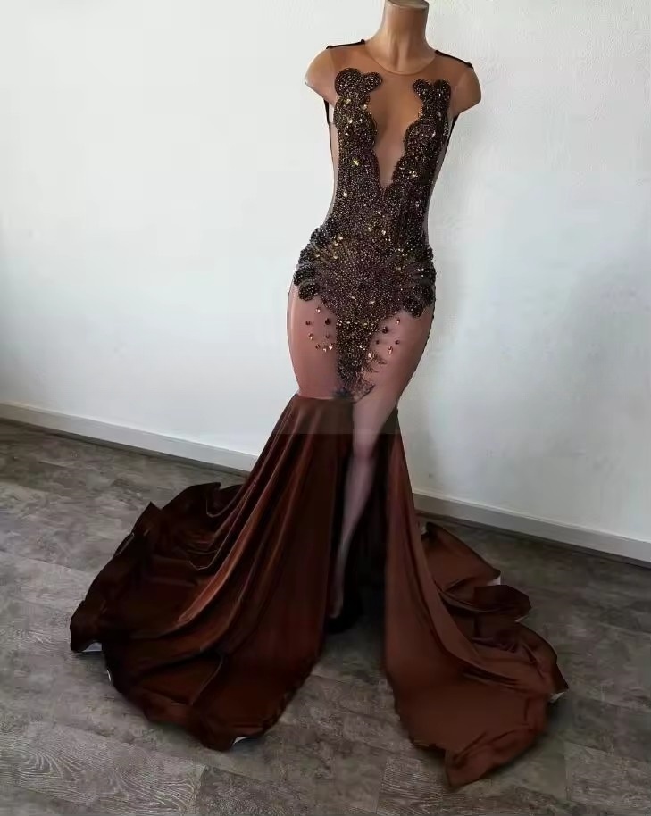 Brown Long Trumpet Prom Gala Dresses for Black Girl 2025 Crystal Slit Birthday Evening Reception Customized
