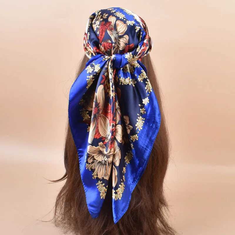 2025 New 90 * 90cm Silk Satin Hair Scarf with Hand print Fem Square Bandage Small Neck Muffler Headscarf for Women X250324