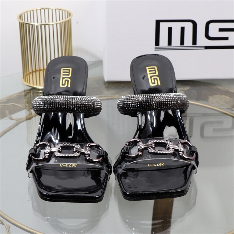 Womens slippers summer fashion Transparent belt metal decoration box shaped square Alien heel high heels wearing sandals 250322