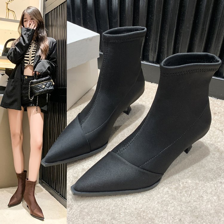New Satin Pointed Toe Short Boots Women Thin Heel Stretch Sock Boots Elegant Ladies Fashion High Heels Pumps Female Ankle Boots 240620