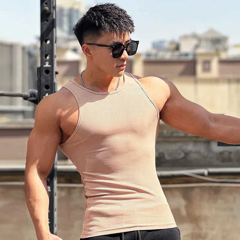 2024 Summer Fitness Tank Top Mens I-back Slim Vertical Stripe Fashion Sportswear Breathable Training Sleep X250324