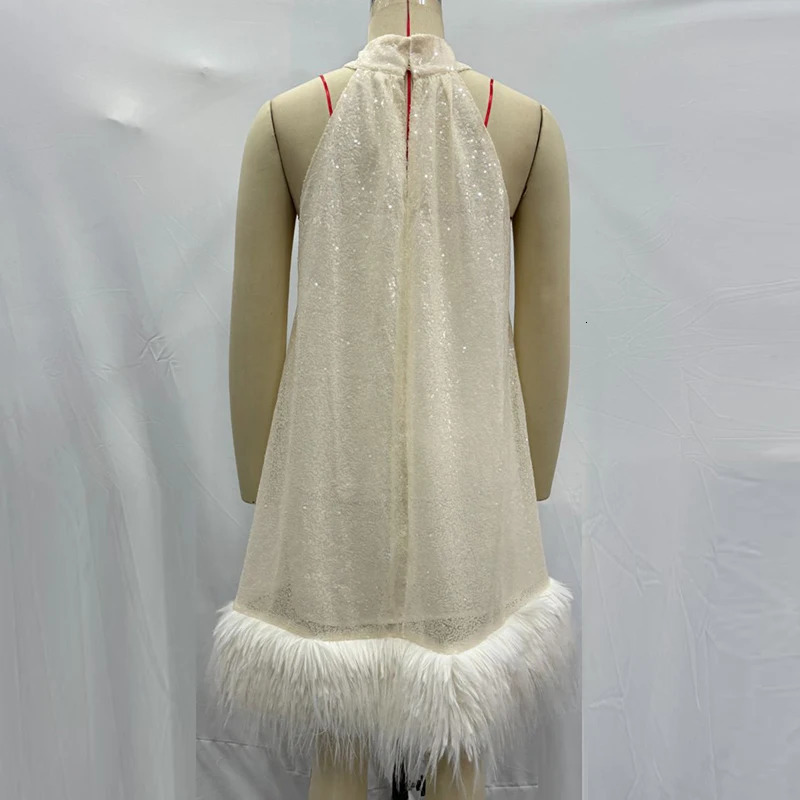 Cocktail Fashion Lady Sleeveless Aline Loose Dress Feather Patchwork Party Sexy Halter Shiny Sequins Club Dresses 250320