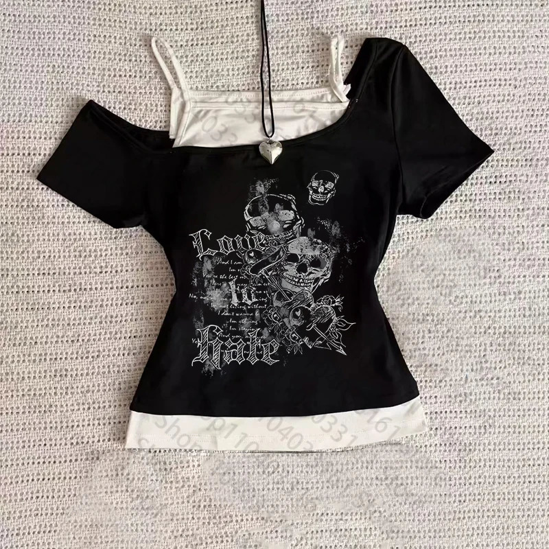 American gothic Vintage Two Piece Halter Lace Up T-shirts Y2k skeleton Print Tops Women Off Shoulder Short Sleeve Tee 250324