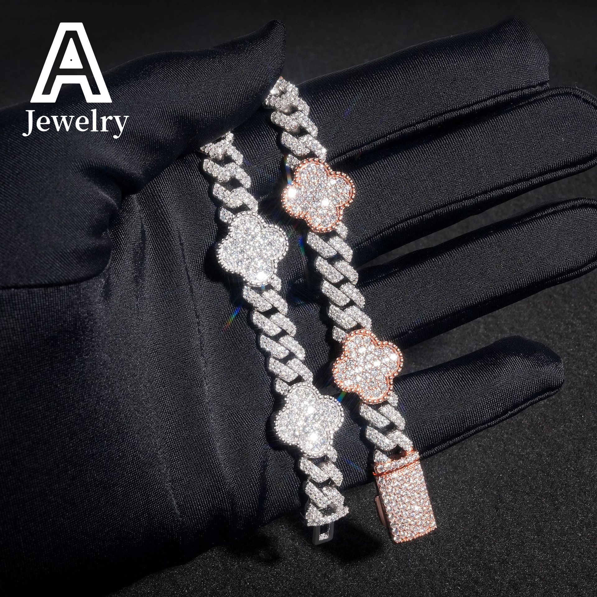 Full Iced Out Hip Hop Jewelry 8mm Moissanite Cuban Link Chains 925 Silver Four Leaf Clover Cuban Necklaces Bracelets