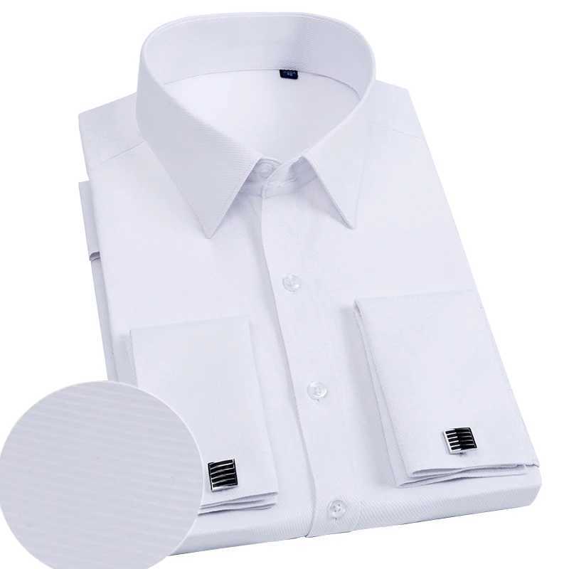 Mens slim fit French cufflinks shirt long sleeved double sleeved solid color high-end wedding dress casual mens clothing X250324
