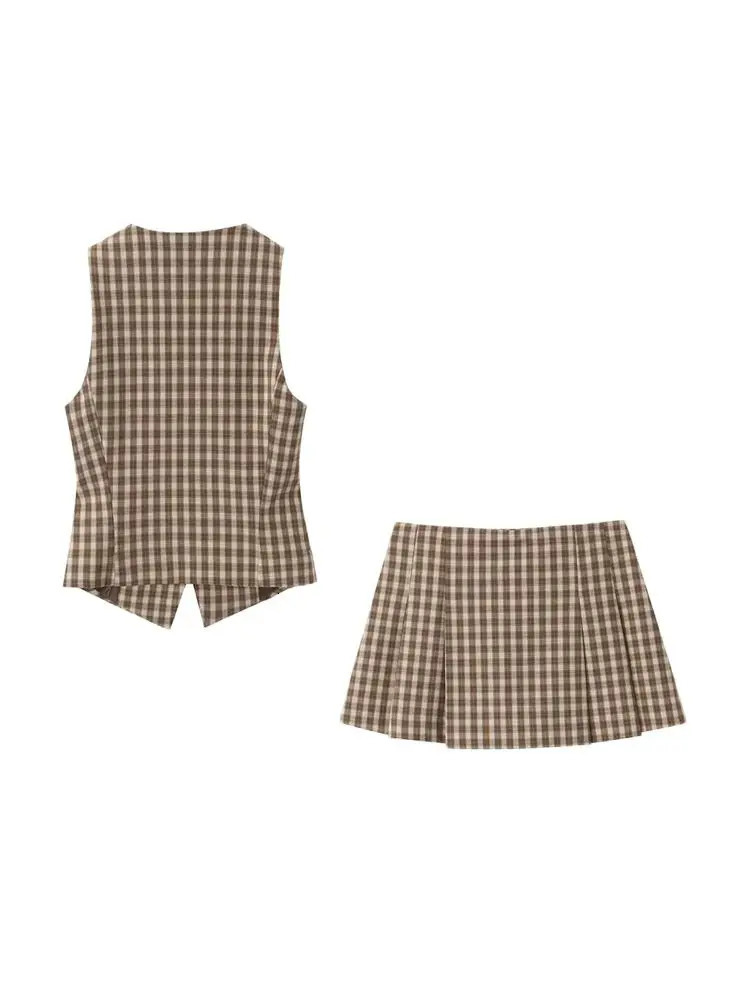 TRZA Womens Fashion Fitted Checkered Waistcoat Top And MidWaist SideZip Pleated Shorts TwoPiece Set for Women 250322