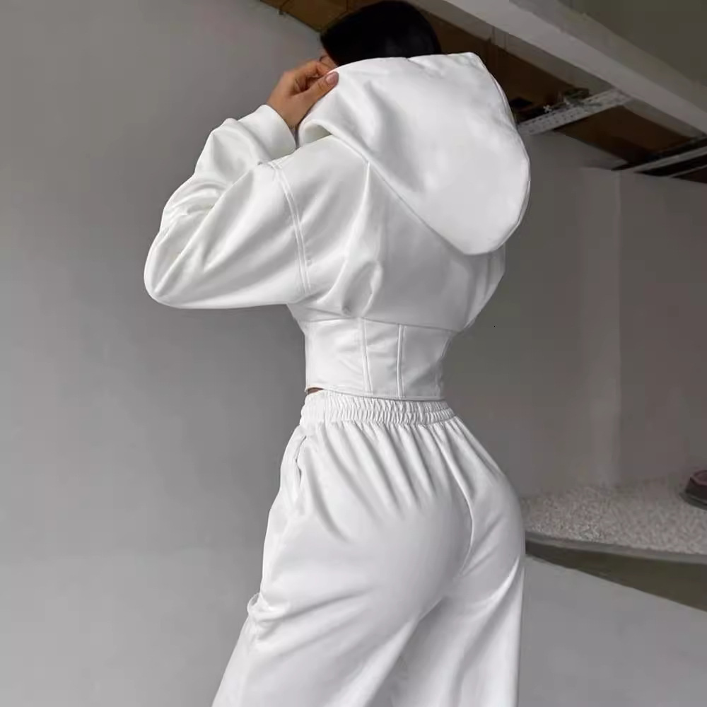 Autumn/Winter Solid Color Waist Hoodie Sports and Casual Pants Two Piece Set, Women's