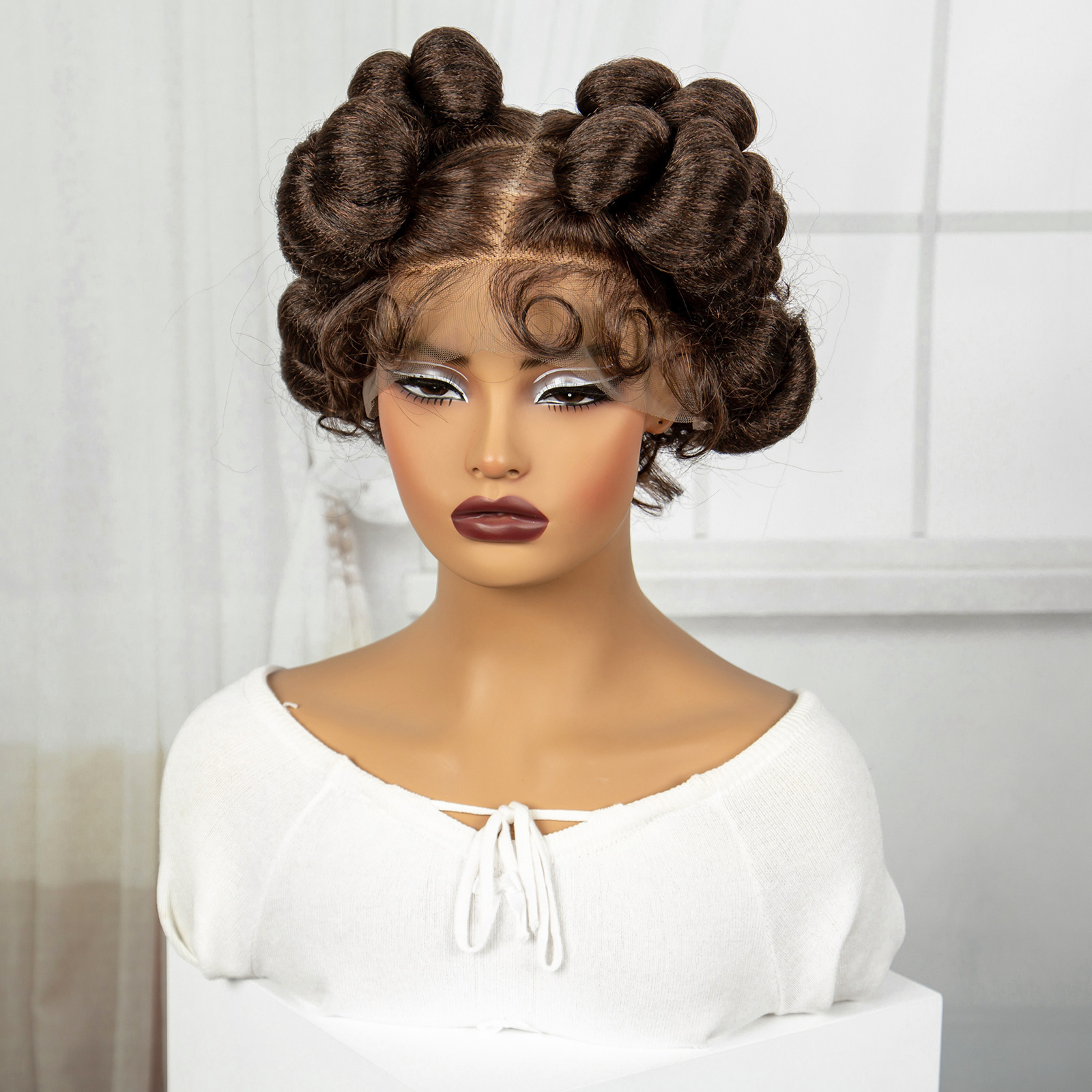 1B-30 Brown Color 6inch Transparent Full Lace Braided Wigs Short Cute Handmade Bantu Synthetic Braided Lace Wigs Knotless Braids Wig