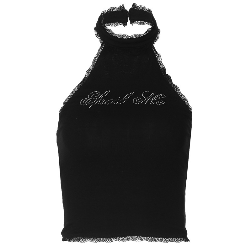 2025 New Lace Designer Vest Paired With Hot Diamond Letters For Spring Slim Fit Women's Sexy Open Neck Top