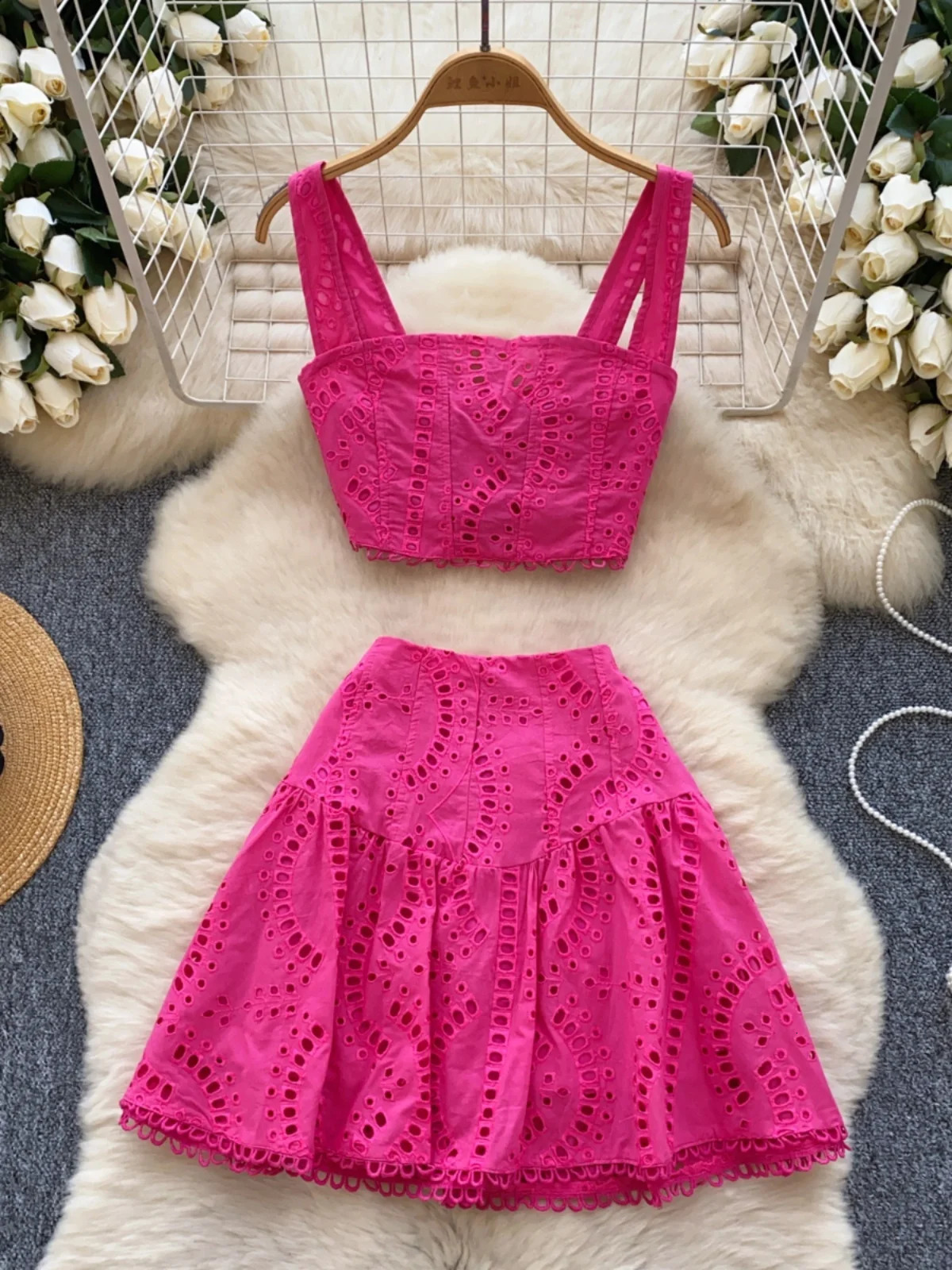 Holliday Midi Dress White Two Piece Sets Women Summer Crop Tops Short Skirts Suits Embroidery Hollow Out Beach Cotton Vestidos 250324