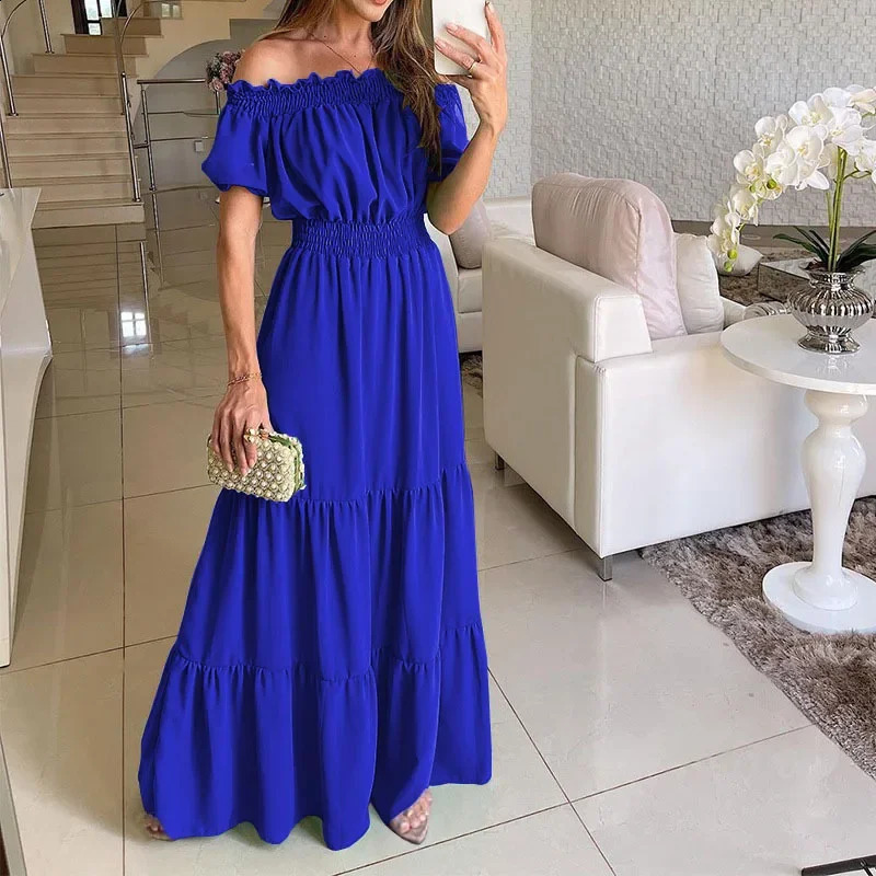 Summer Womens Dress Elastic Waist Short Sleeve One-Shoulder Pure Color Loose Fit Maxi Dress Fashionable Casual Gown 250318
