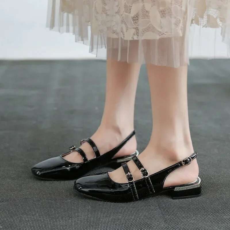 2025 Spring Autumn Women Double Buckle Mary Janes Patent Leather Dress Head Square Heel Solid Color Women's Shoes