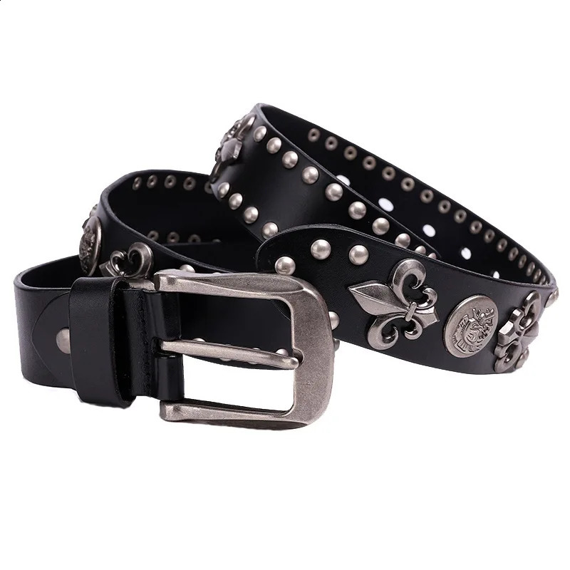 Genuine Leather Heavy Metal Rivet Punk Belts For Men Rock Stud Cowboy Belt Men Ceinture Homme Waist Belt Cinturon Mujer 250318