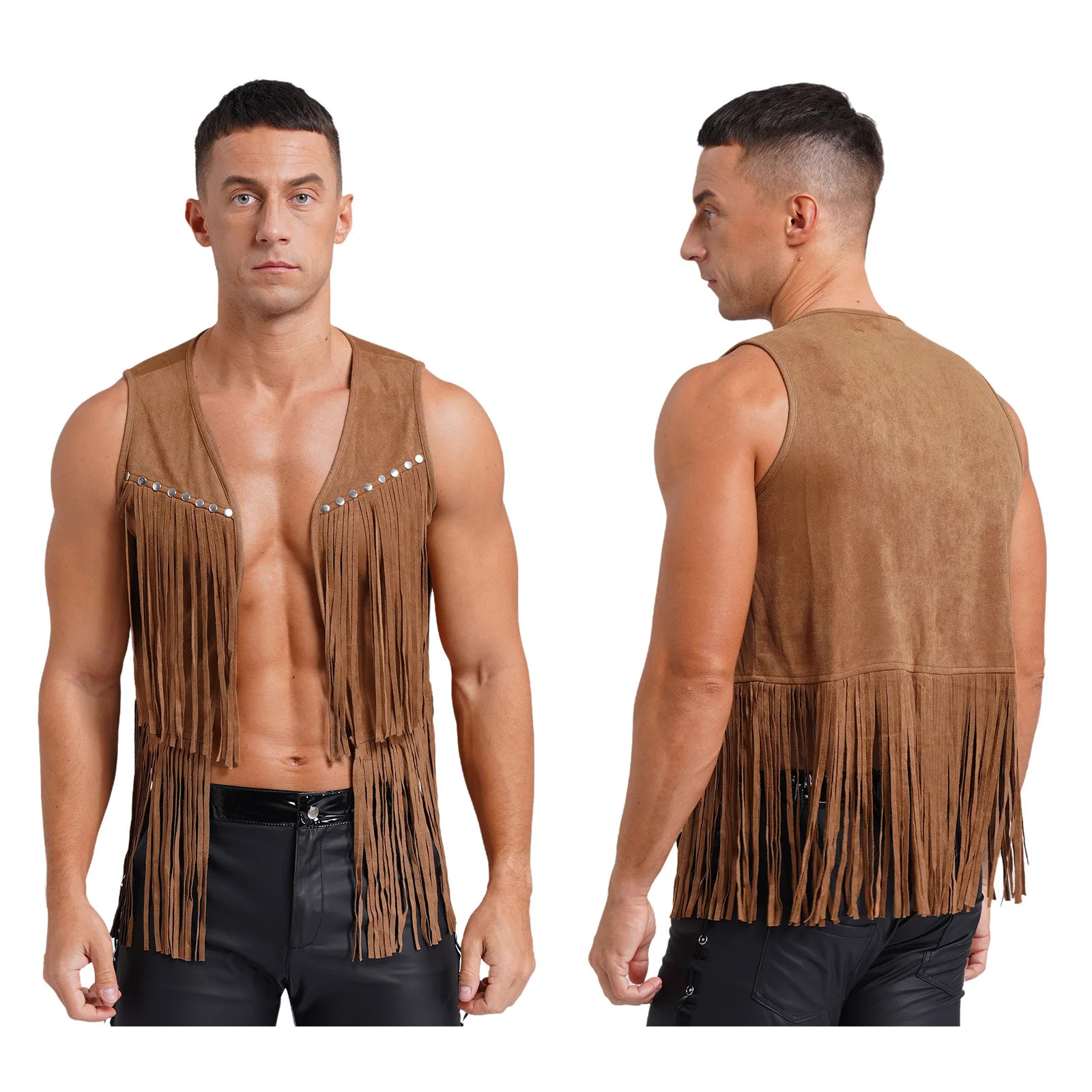Brown Leather Men Fringe Vest Sleeveless Tassels Vintage Western Cowboy Cardigan Waistcoat Jacket Streetwear Halloween Cosplay 250321