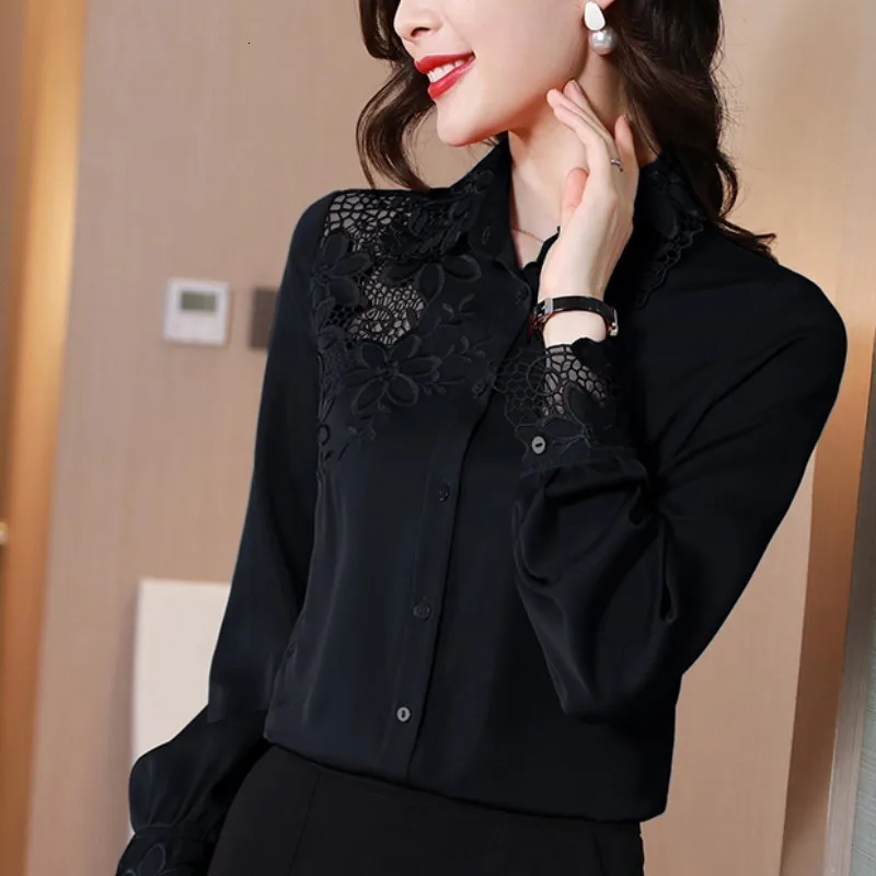 Wxw2559 Spring/Summer Satin Womens Casual Set Black Red Blue Office Shirt Womens Long Sleeve Elegant Embroidered Hollow 250318