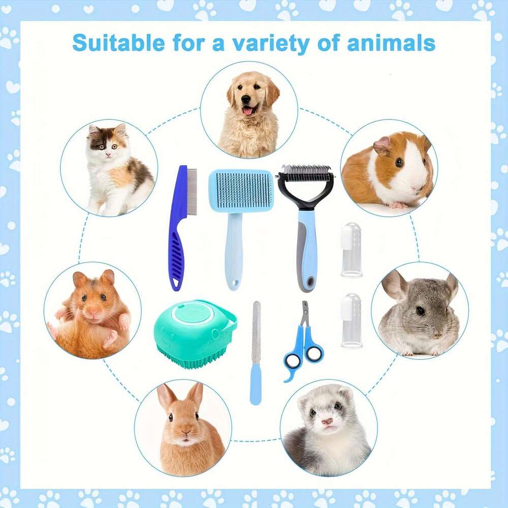 DHpet 8-in-1 Complete Pet Grooming Set - Brushes, Scissors, Toothbrushes for Dogs & More