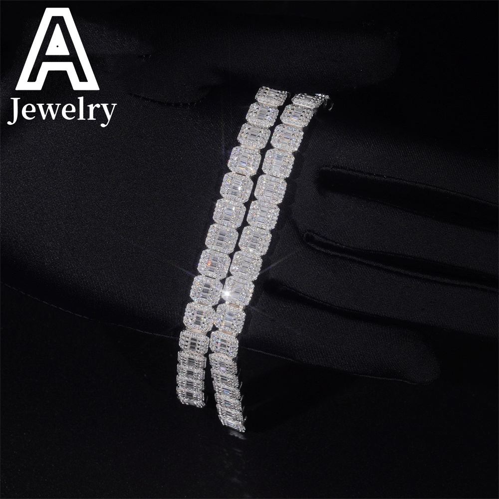 Iced Out Jewelry VVS Moissanite Cuban Bracelet 9MM Baguette Cut Diamond Cuban Link Men Hip Hop Silver Bracelet