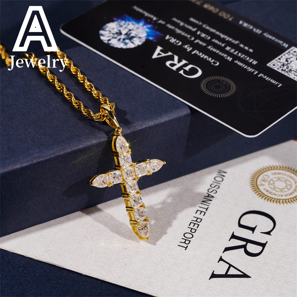 Hip hop jewelry Luxury Cross Pendant Pass diamond tester 925 silver moissanite diamond cross pendant iced out