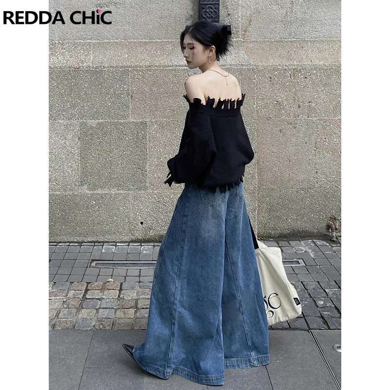 Reddachic ICON Women Whiskers Baggy Jeans Seam Ed Solid Low Rise Do Old Denim Elephant Bell Bottoms Casual Vintage Clothes