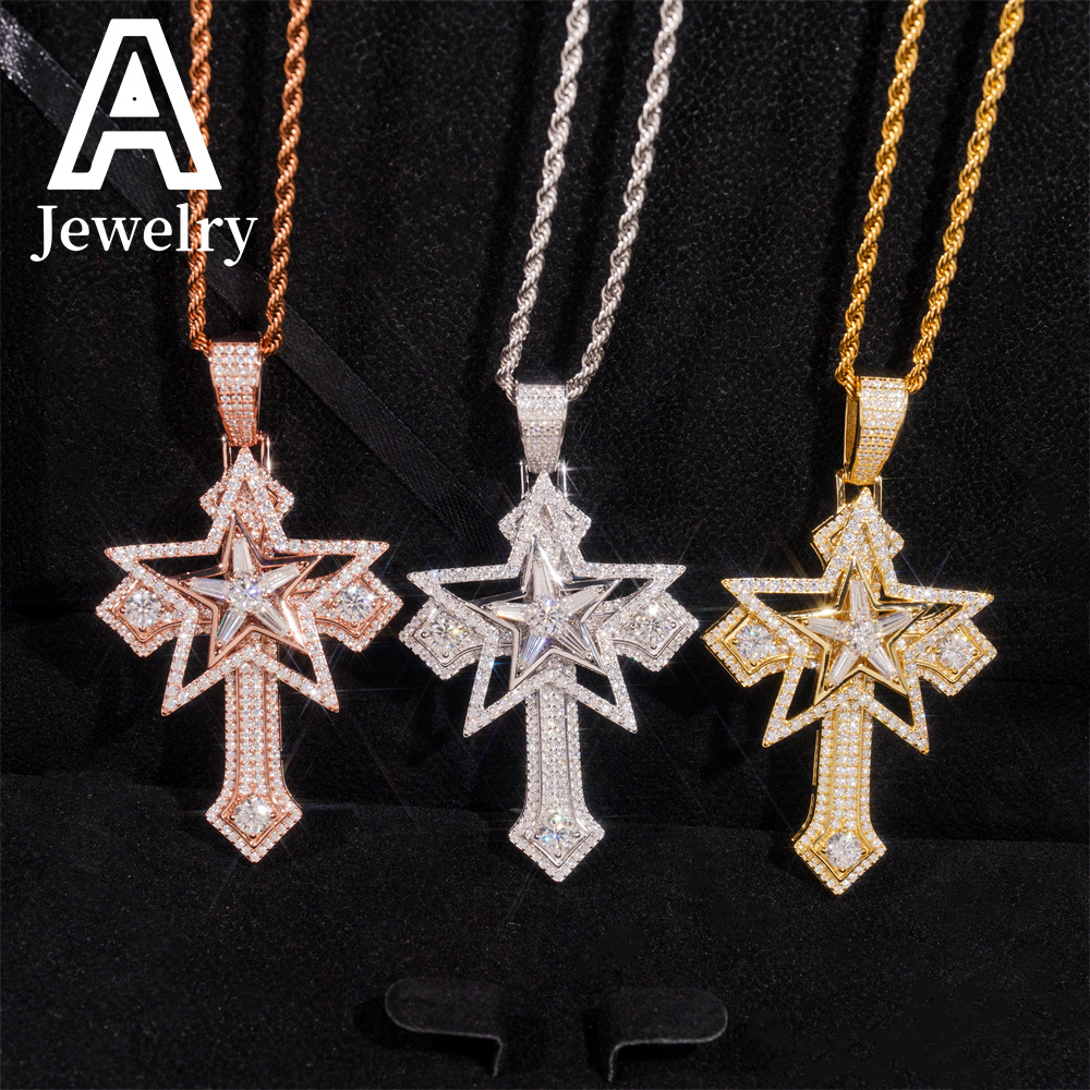 New Arrivals 925 Silver Hip hop jewelry moissanite diamond cross pendant 5 Pointed Star charm iced out cross pendant