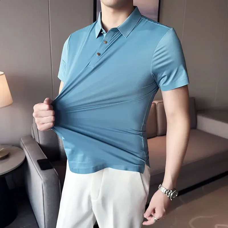 Ice Silk Traceless T-shirt Mens Business Casual Solid Color Half Sleeve High Elasticity Top Silk Smooth Breathable POLO Shirt 250322