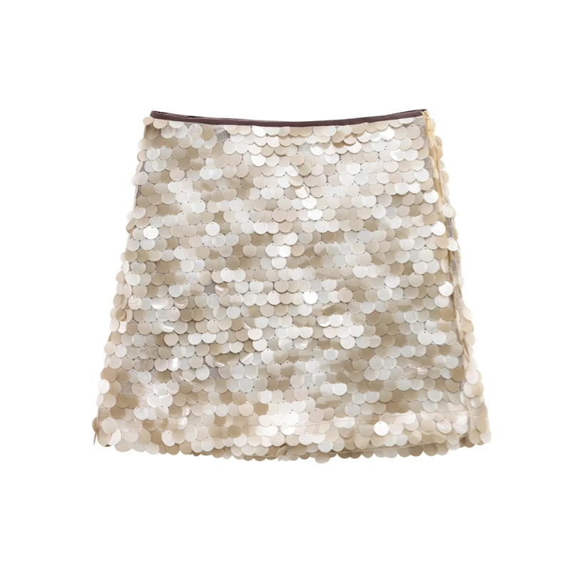 2025 Spring New Casual Women's Clothing Spicy Girl Fashion High Waist Glitter Mini Skirt Half Skirt Short Skirt Zipper Decoration