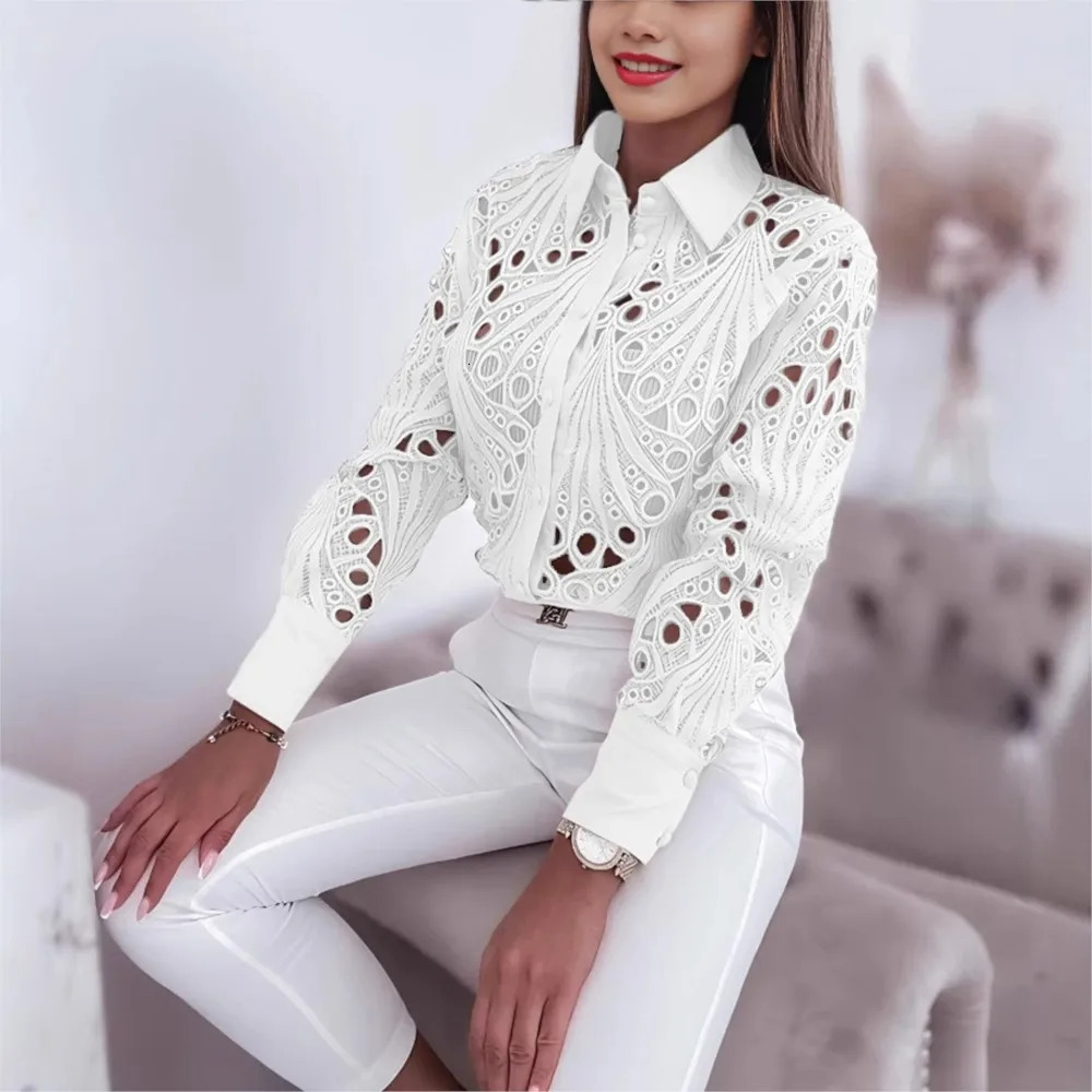 Fashion Lace Hollow Long Sleeve Shirt For Women Spring Autumn Elegant Office Lady Blouse And Tops Casual Button Shirts 250318
