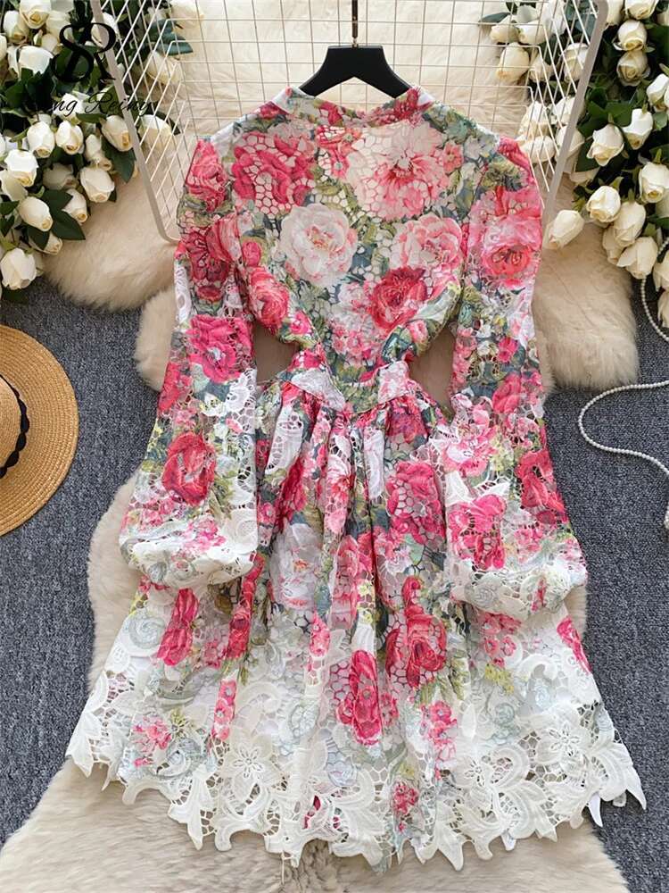 SINGREINY Spring Ral Print Short V Neck Lantern Sleeves Embroidery Design Hollow Out Chic A E Beachwear Female Dress